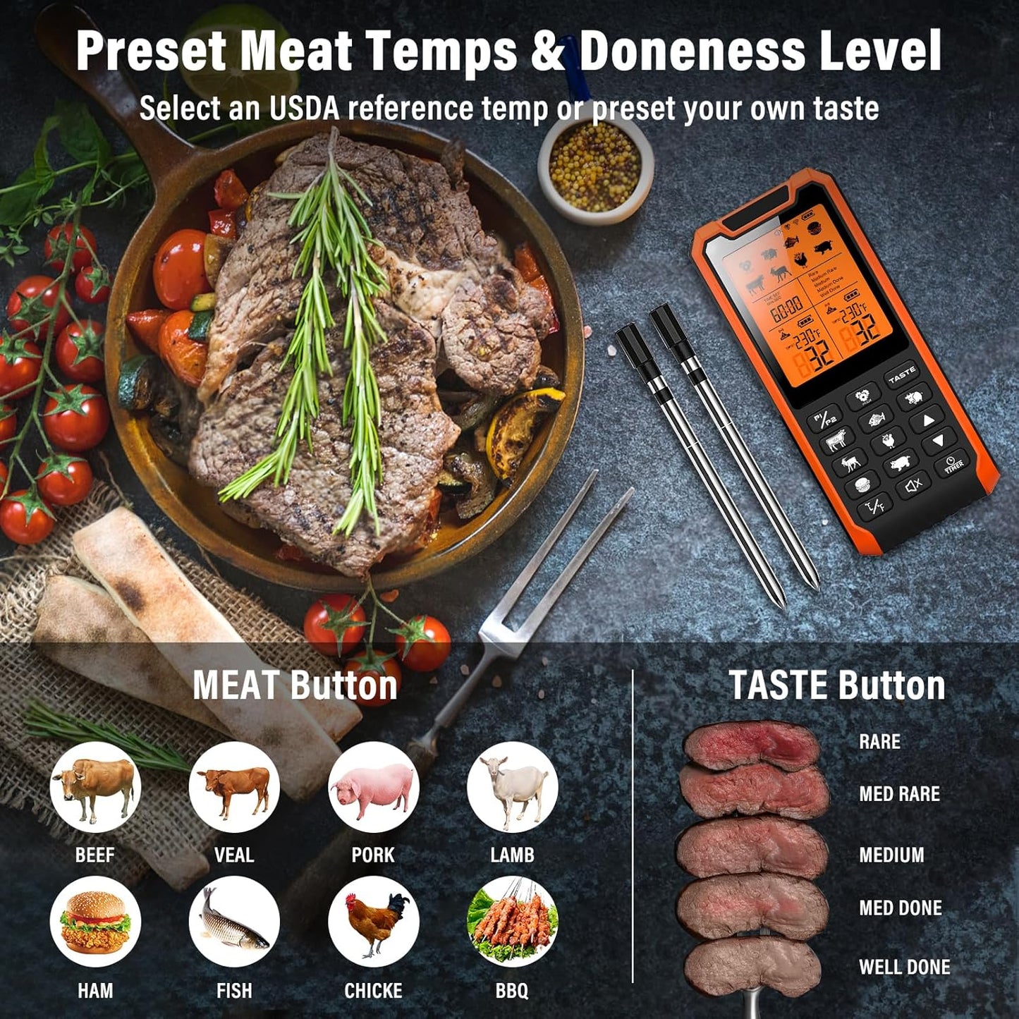 Termómetro inteligente Bluetooth para carne, Apto para horno. USADO