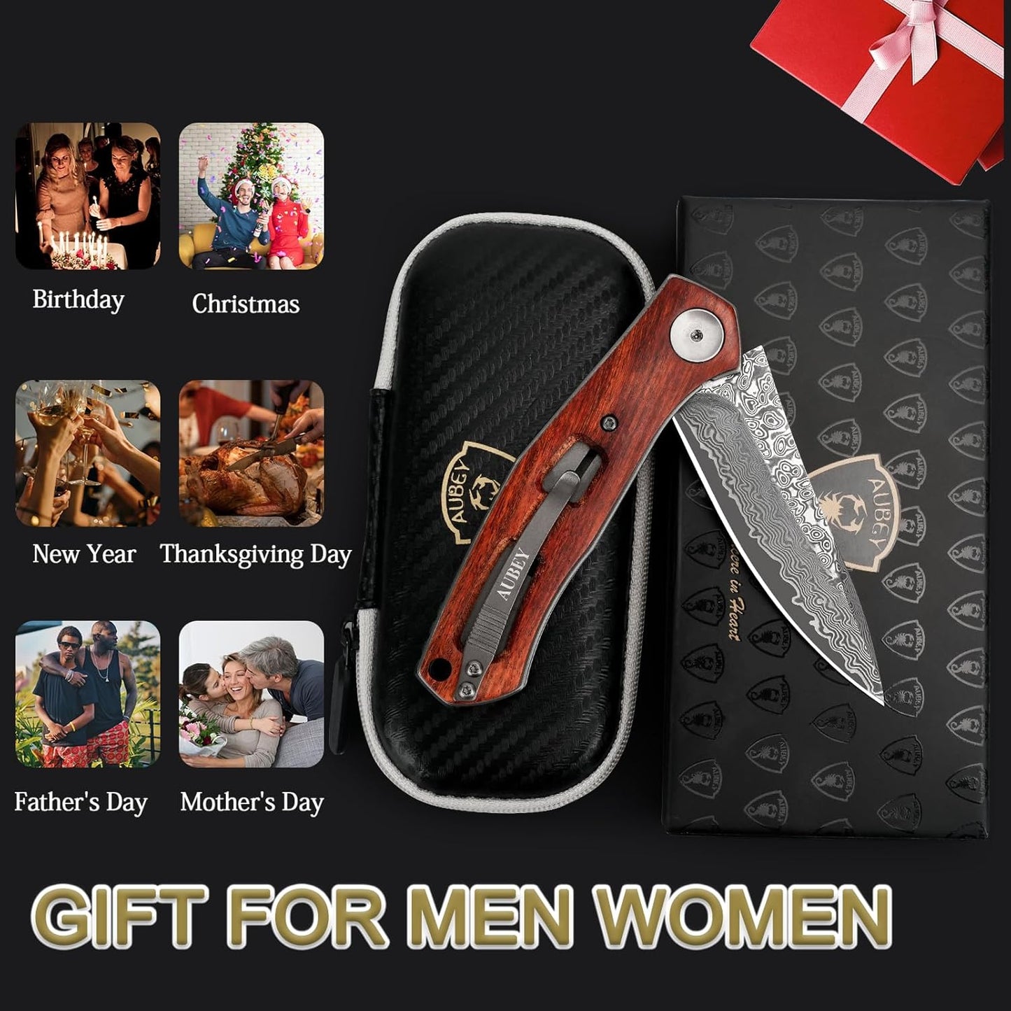 AUBEY Cuchillo de bolsillo plegable de Damasco hecho a mano c/clip.