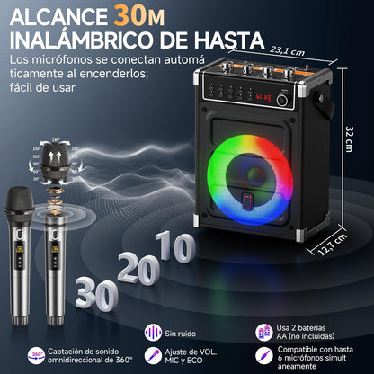 Altavoz Karaoke Bluetooth JYX-69BT con 2 Micrófonos Inalámbricos.