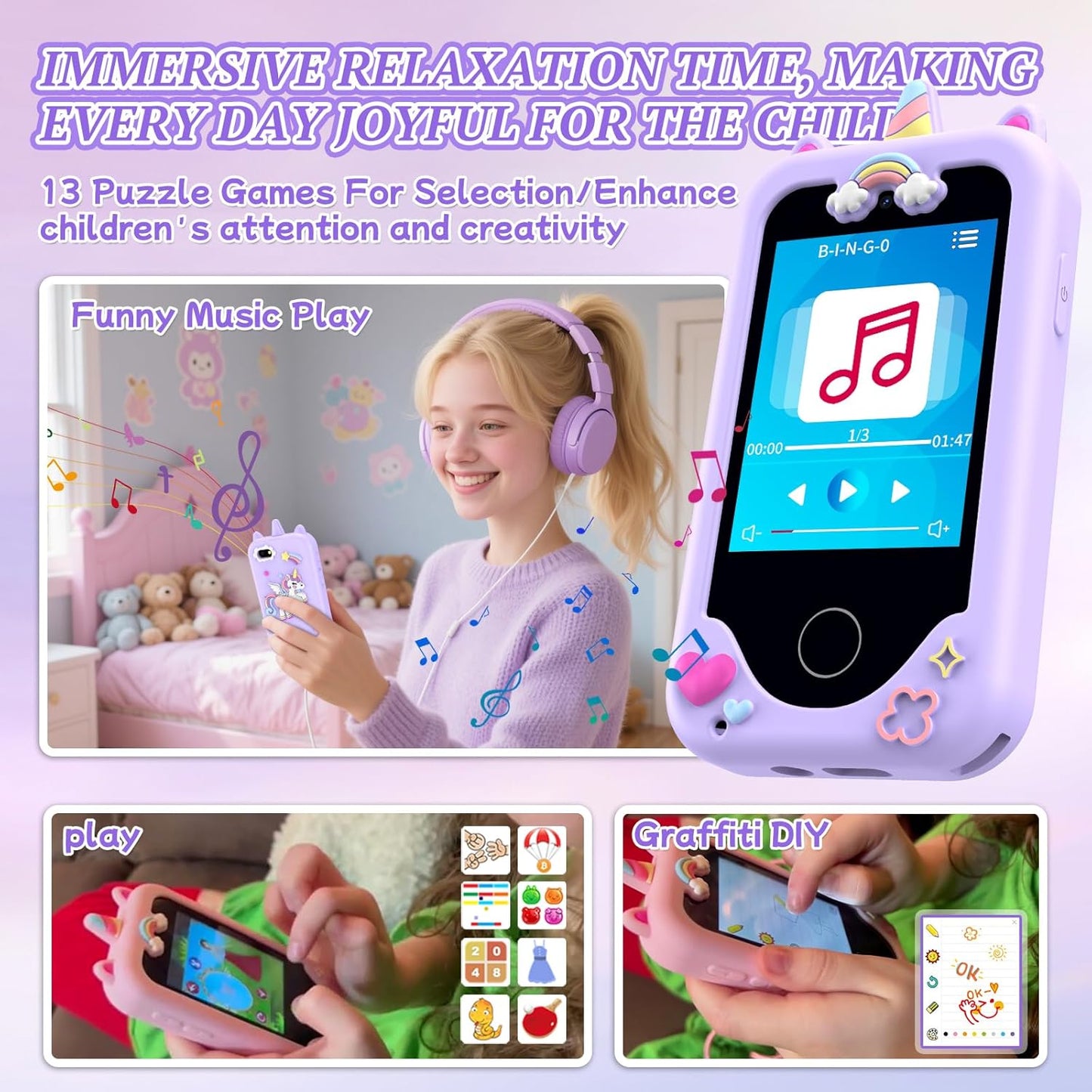 Teléfono infantil para niñas, de 3 a 8 años, táctil, cámara dual 8G.