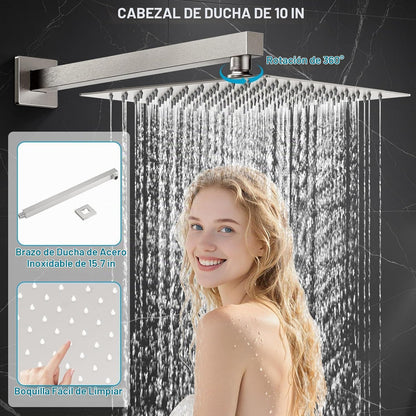 Cabezal de ducha Iuerasd de 10" y acabado en níquel cepillado (DETALLE)