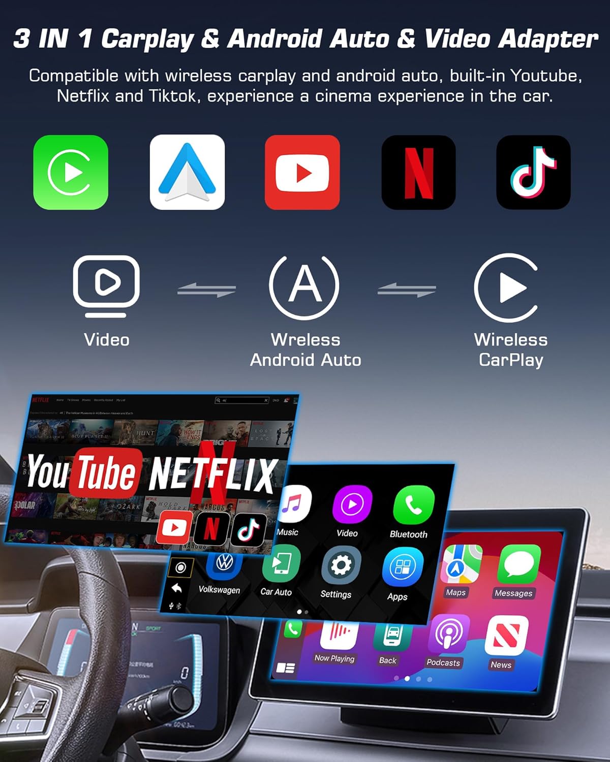 Adaptador Carplay Inalámbrico, 1080p Video Box.