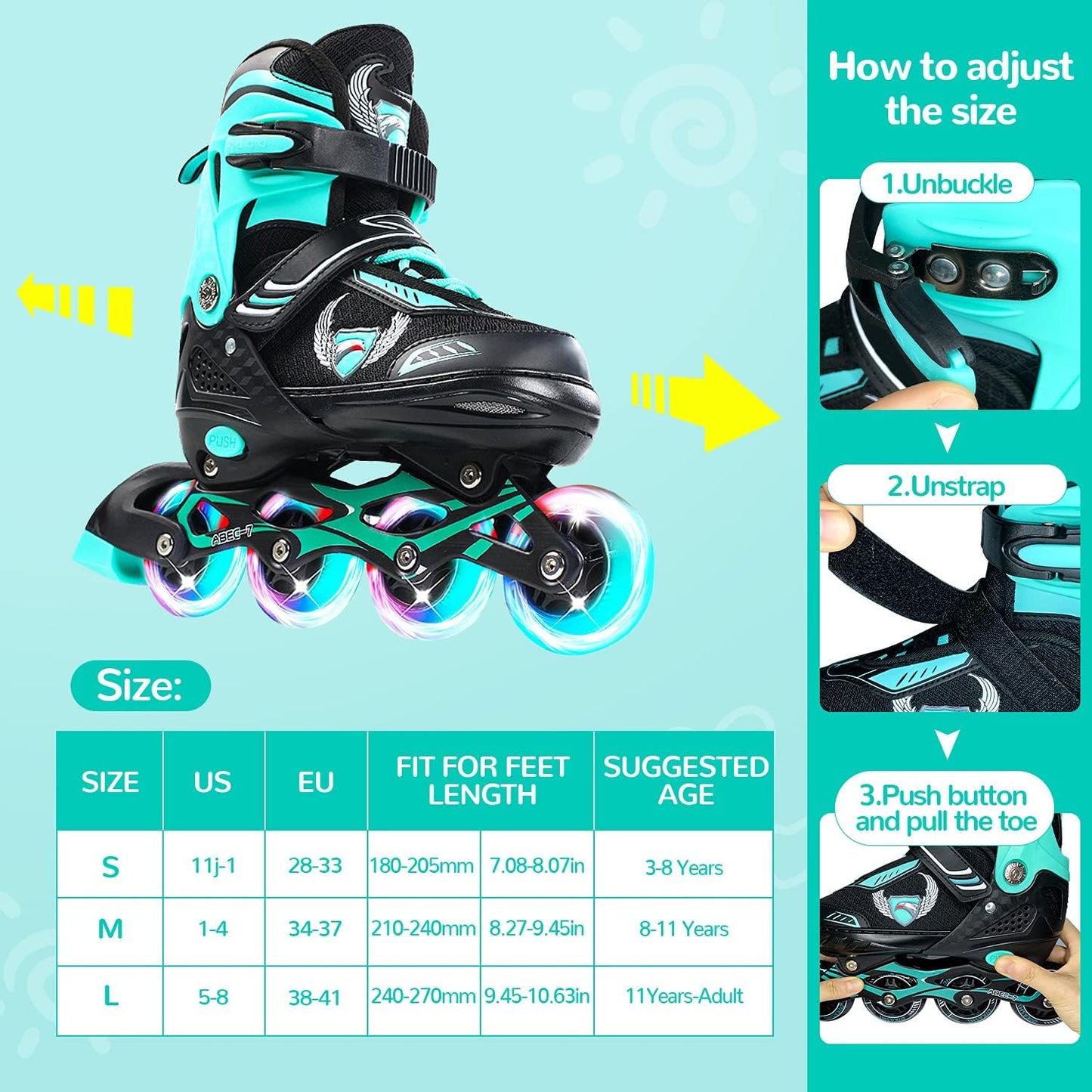 KDJ Patines en línea para niños, patines ajustables con 4 ruedas iluminadoras