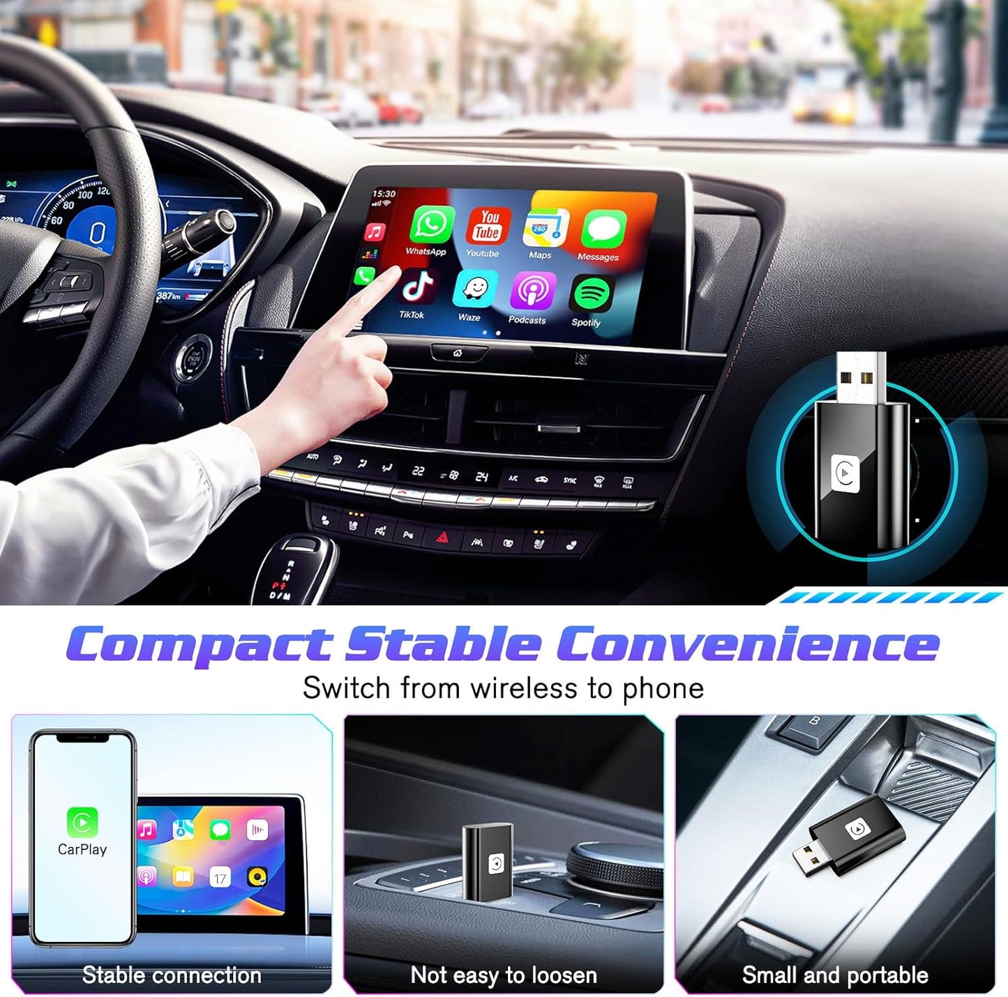 Adaptador inalámbrico CarPlay para Apple, 2025 2 en 1 Compatible con iOS y automóviles.