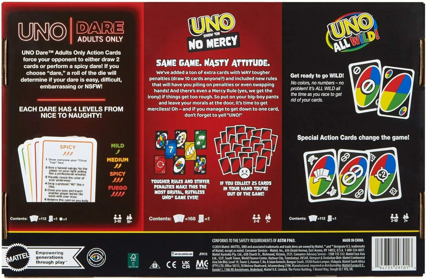 UNO All Wild, Show 'em No Mercy, Dare Adults Only Paquete de 3 cartas