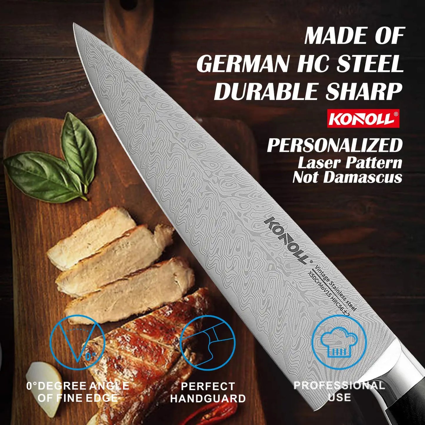 Cuchillo de chef profesional KONOLL de 8", acero aleman.