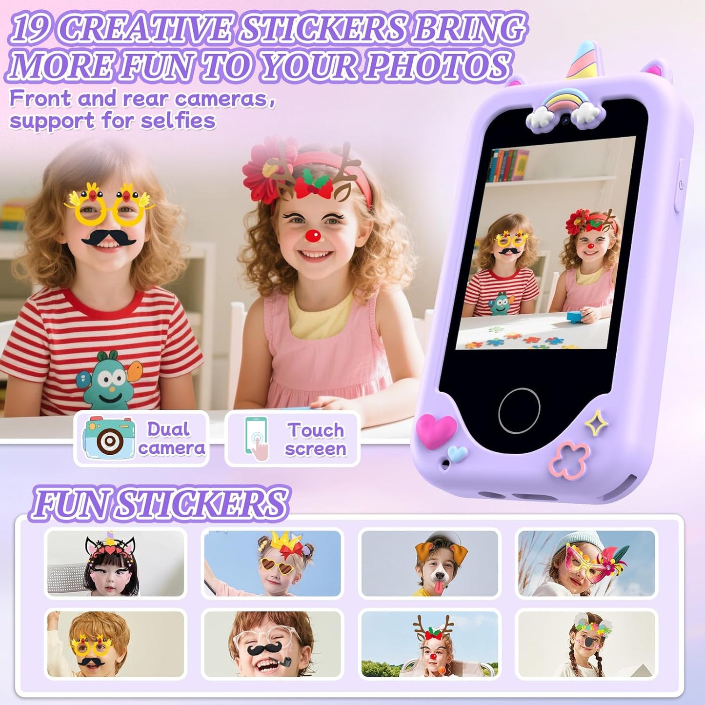 Teléfono infantil para niñas, de 3 a 8 años, táctil, cámara dual 8G.