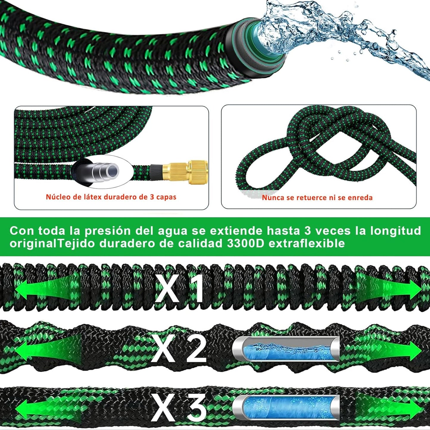 Manguera de Jardín, 75FT/22.5Mts, Expandible con boquilla 10 modos.