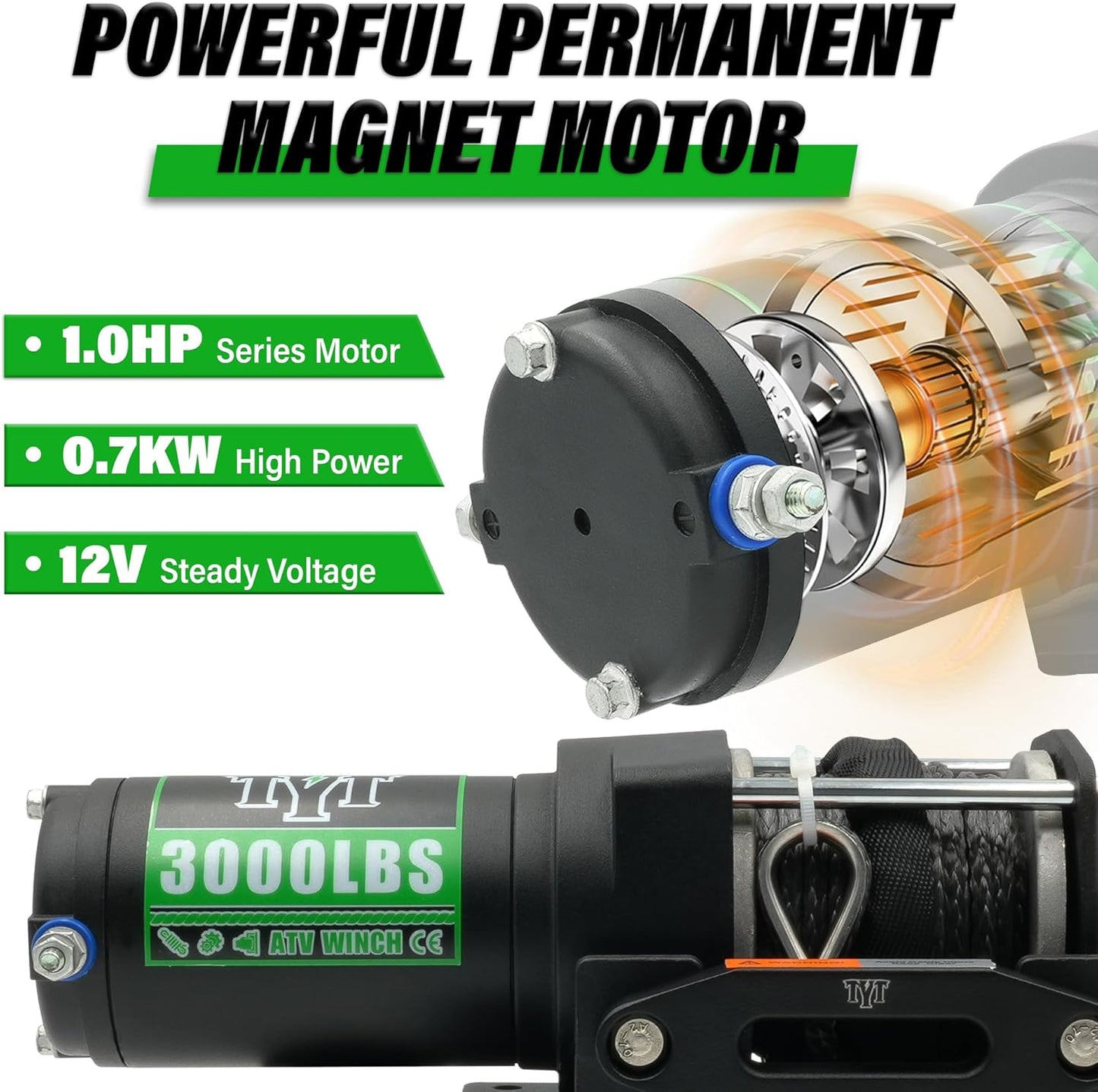 Cabrestante eléctrico ATV de 3000 lbs, control remoto inalámbrico.