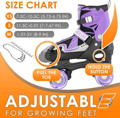 Patines de Cuatro Ruedas Para Niños y Niñas, Tamaño Ajustable 10J a 6.