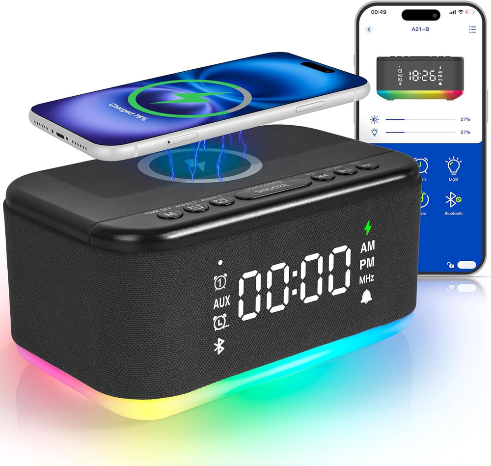 Reloj despertador con altavoz cargador inalámbrico, despertador digital,