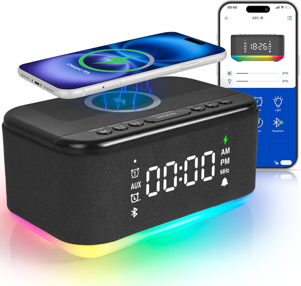 Reloj despertador con altavoz cargador inalámbrico, despertador digital,