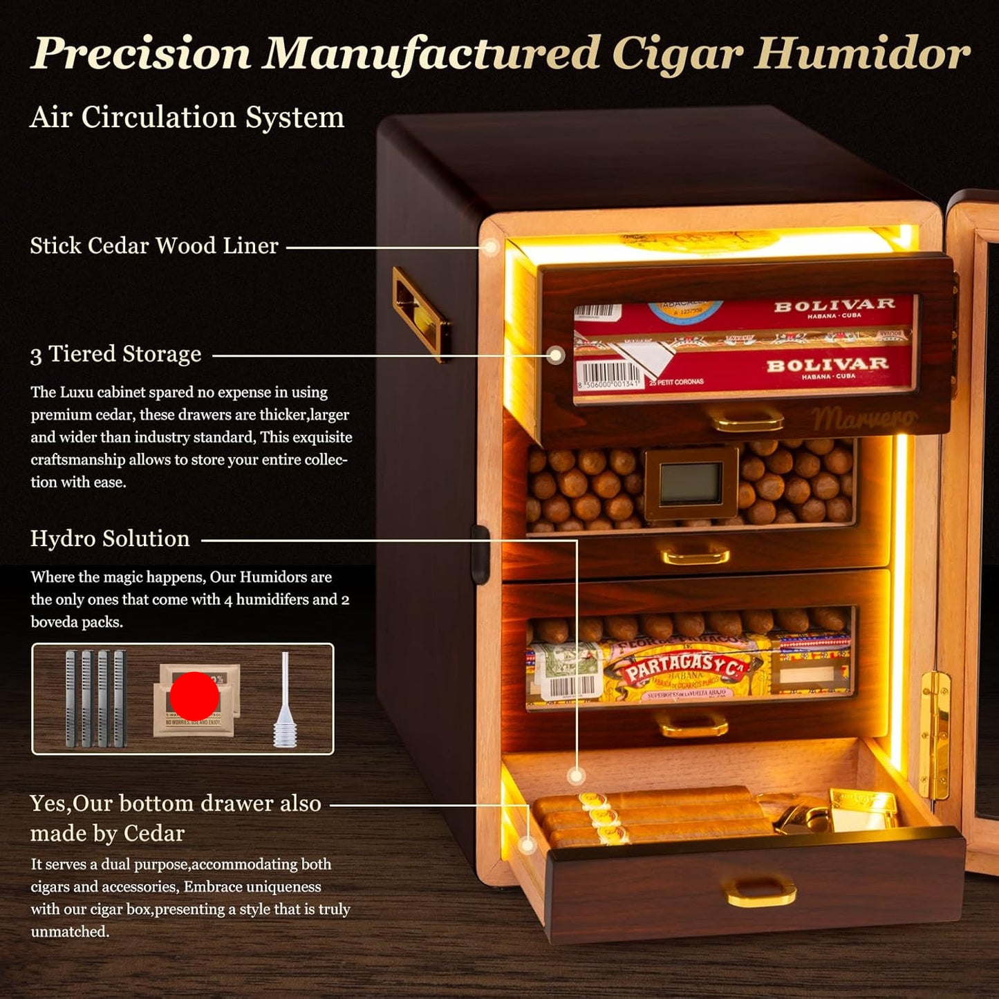 Gabinete humidor de puros, encimera, higrómetro digital, (USADO).