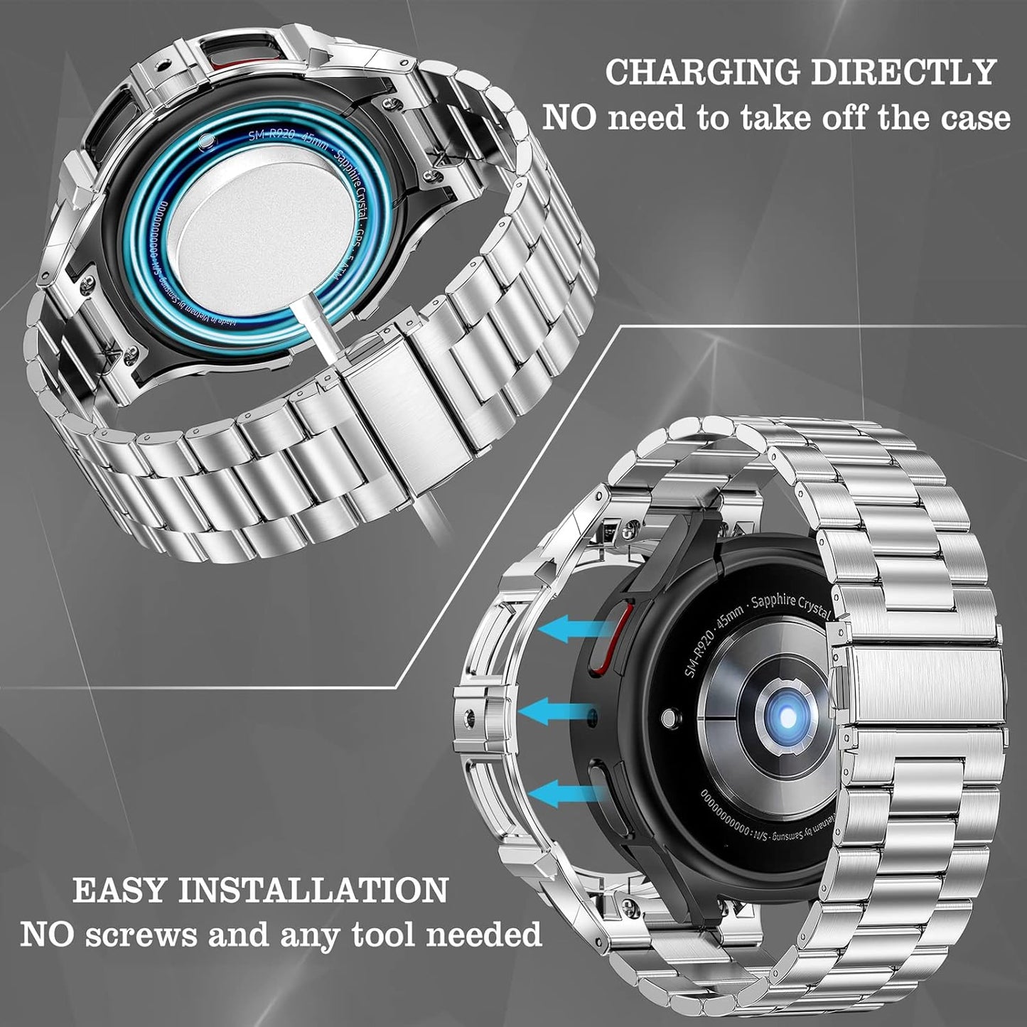 Funda y correas para reloj de acero inoxidable, ajustable, 44mm.