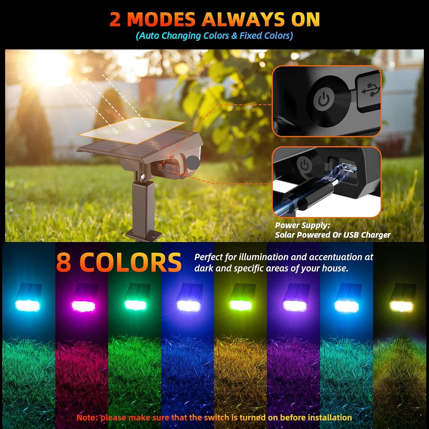 Luces solares, con color, para exteriores, impermeables, 9 modos.