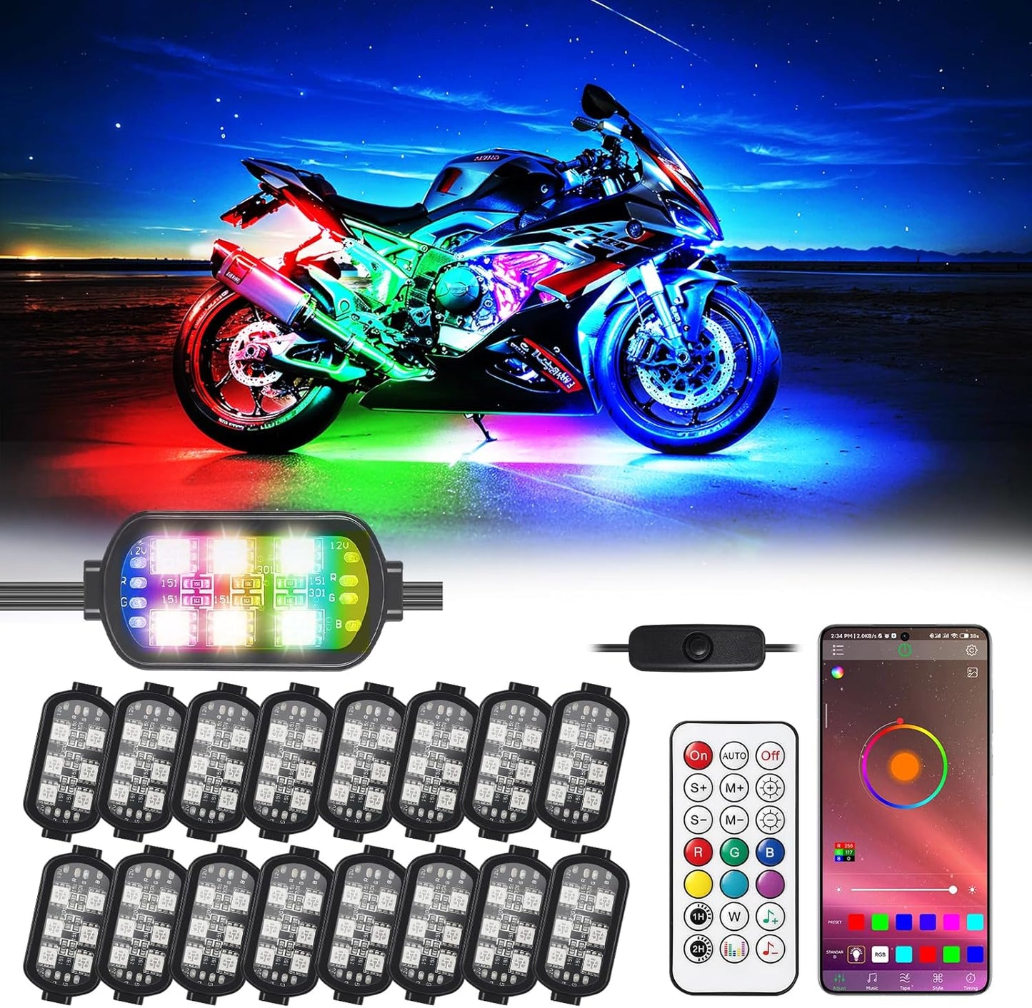 Kit de 16 luces LED, RGB para motocicleta, control de aplicación.