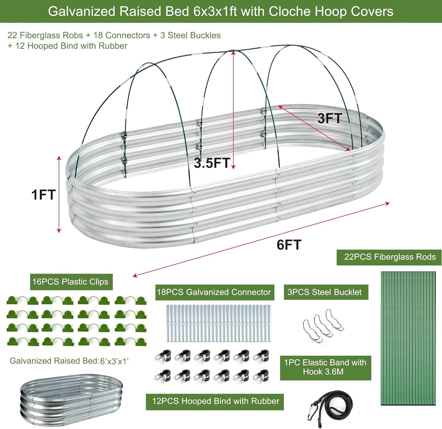 Cama elevada galvanizada de 4 x 2 x 1, para invernadero.