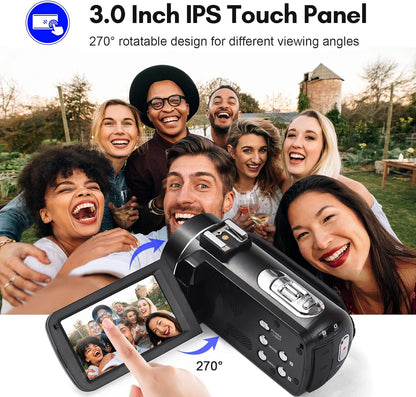 Cámara de video digital 2.7K, 48 MP, zoom digital 16X, panel táctil.