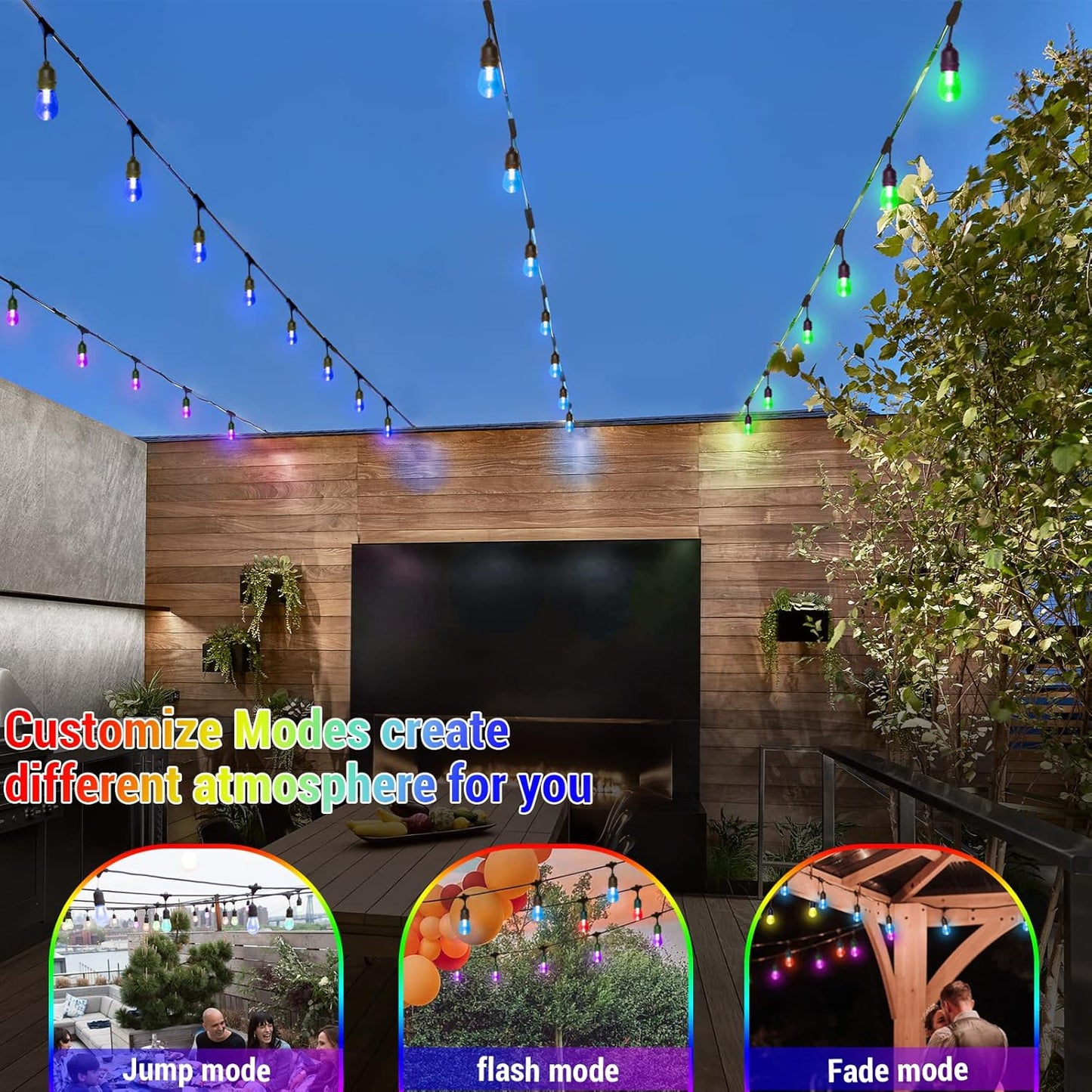 Cadena de luces solares RGB de 48FT, para exteriores, impermeable.