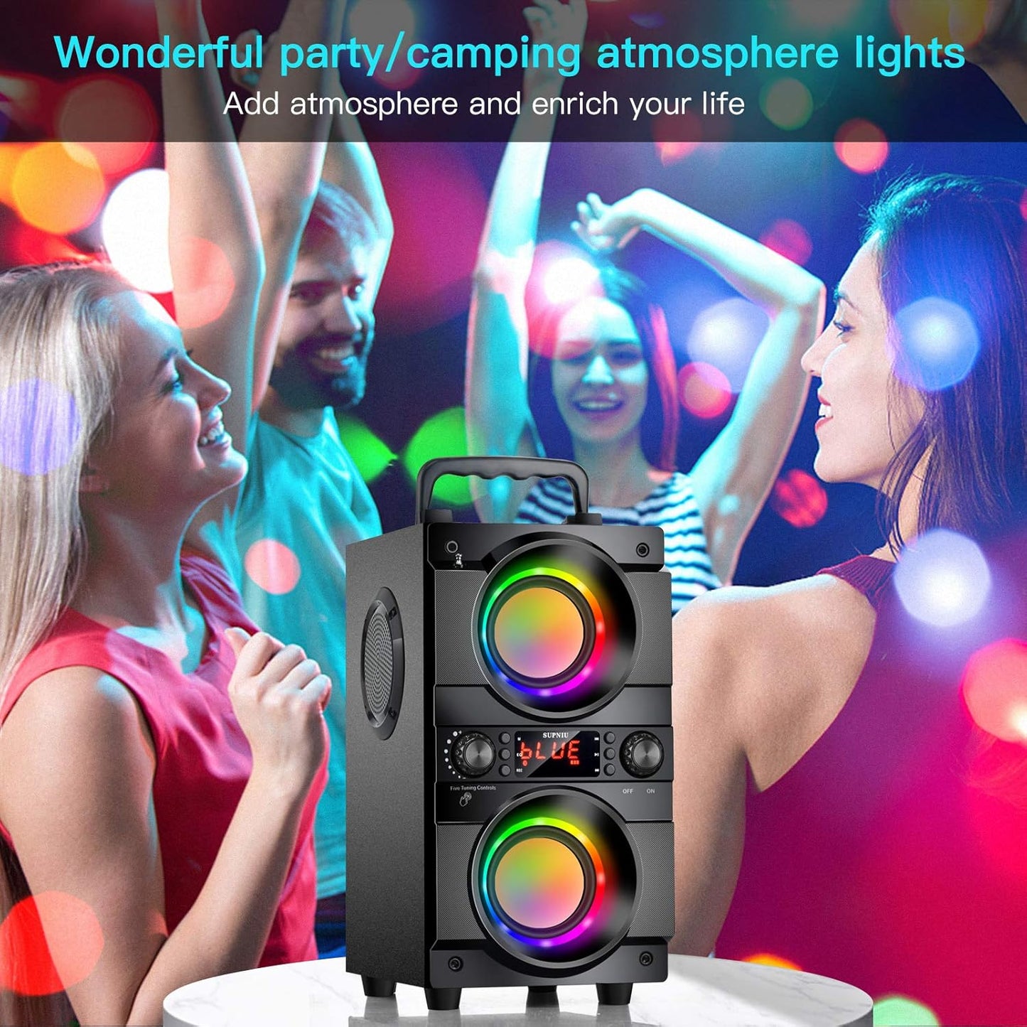 Altavoz Bluetooth portátil de 60 W (pico de 80 W) con doble subwoofer.