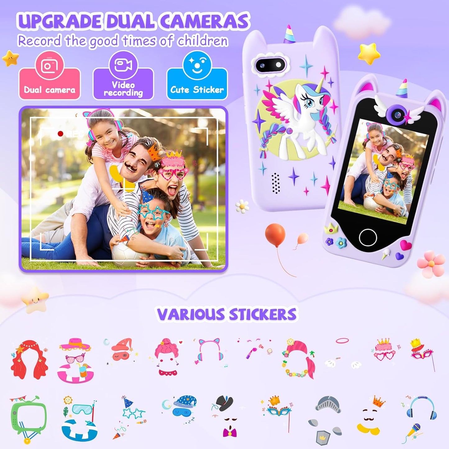 Teléfono inteligente para niñas con cámara dual de Unicornio (Morado)
