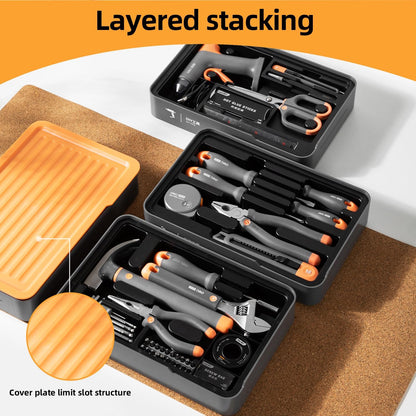 Juego de herramientas de mano, cajas apilables, compacta, Deli.
