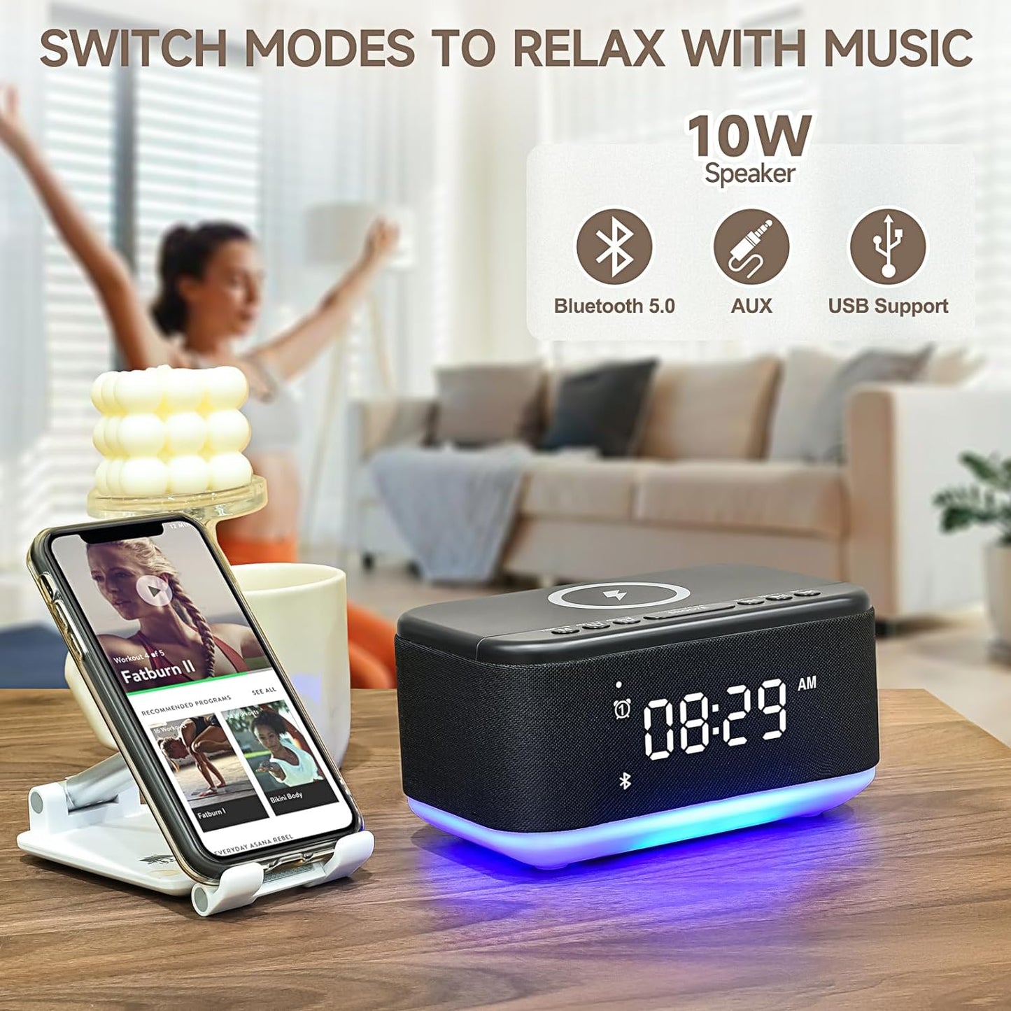 Reloj despertador con altavoz cargador inalámbrico, despertador digital,
