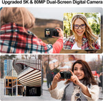 Cámara digital de doble pantalla 5K, 80 MP, para vlog y apps.