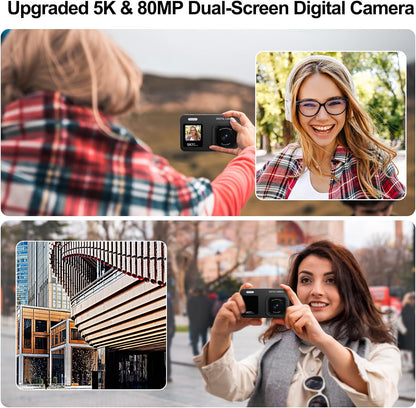 Cámara digital de doble pantalla 5K, 80 MP, para vlog y apps.