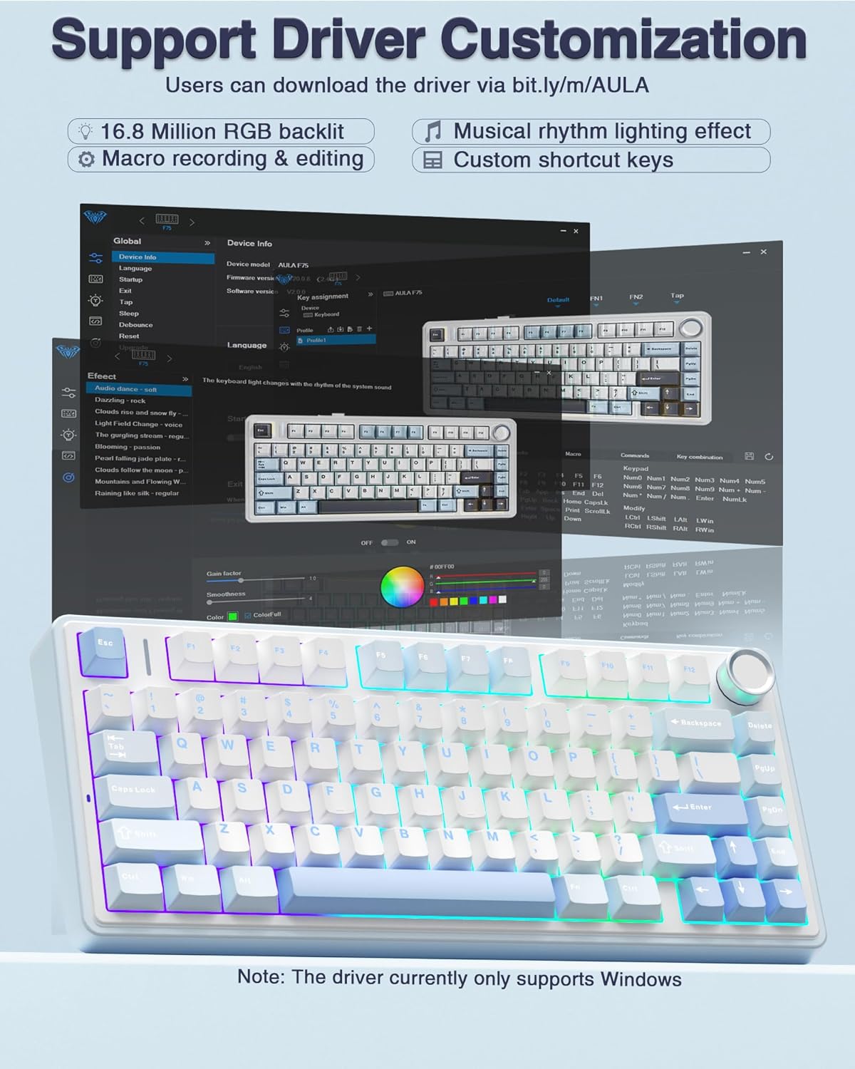 AULA F75 75% teclado mecánico inalámbrico, teclados para juegos RGB retroiluminados, 2.4GHz/Tipo-C/BT5.0
