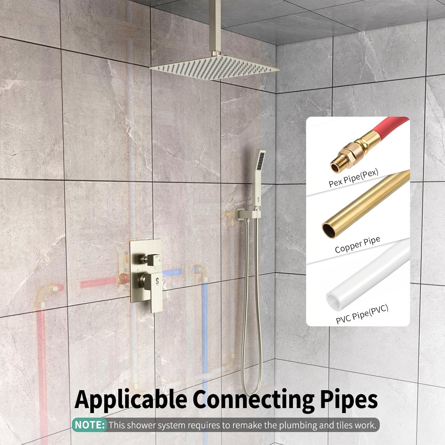 Sistema de ducha de níquel cepillado de 12", con cuerpo de valvula.