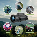 Telescopio monocular 12x50, con soporte para smartphone y trípode.