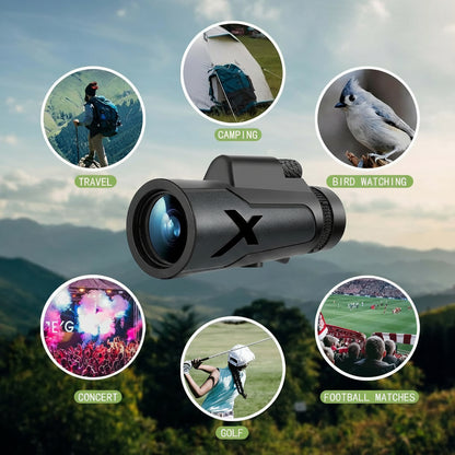 Telescopio monocular 12x50, con soporte para smartphone y trípode.