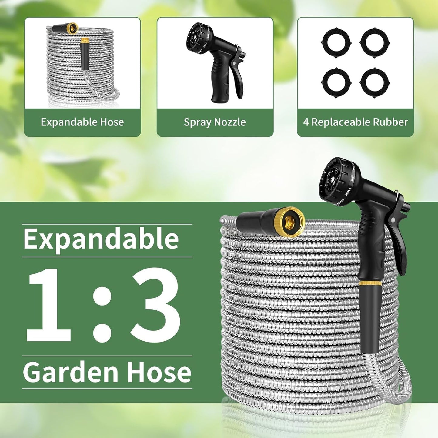 Manguera de jardín de acero inoxidable de 50 pies con boquillas de 10 funciones.