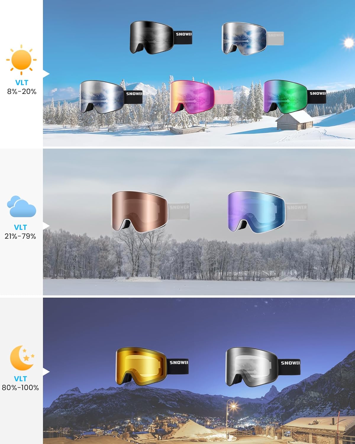 Gafas de esquí, Snower, antivaho para snowboard, protección UV.