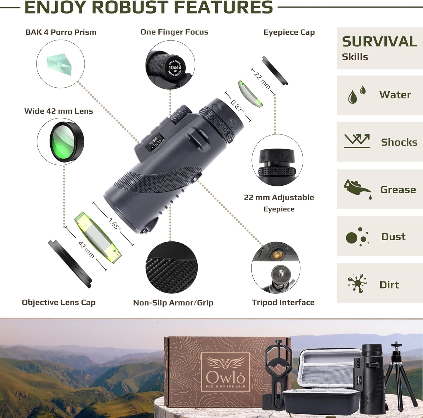 Owló Kit monocular para Smartphone. Potencia HD 10x42
