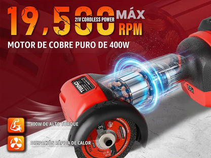 Amoladora angular inalámbrica TEENO roja de 21V con baterías y maletín — vista 3