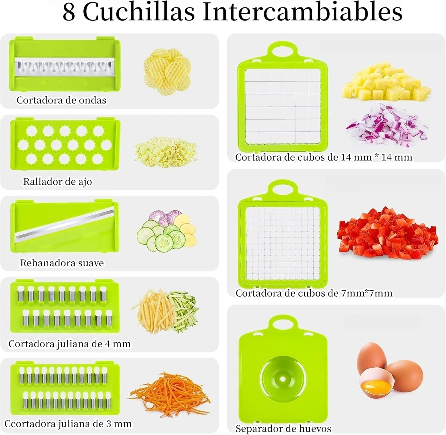 Cortador de Verduras 8 en 1, Mandolina para Cocina, 8 placas.
