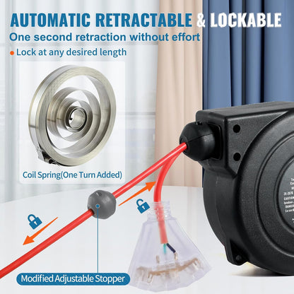 Carrete de cable de extensión retráctil Vevor, 30 ft toma triple iluminada