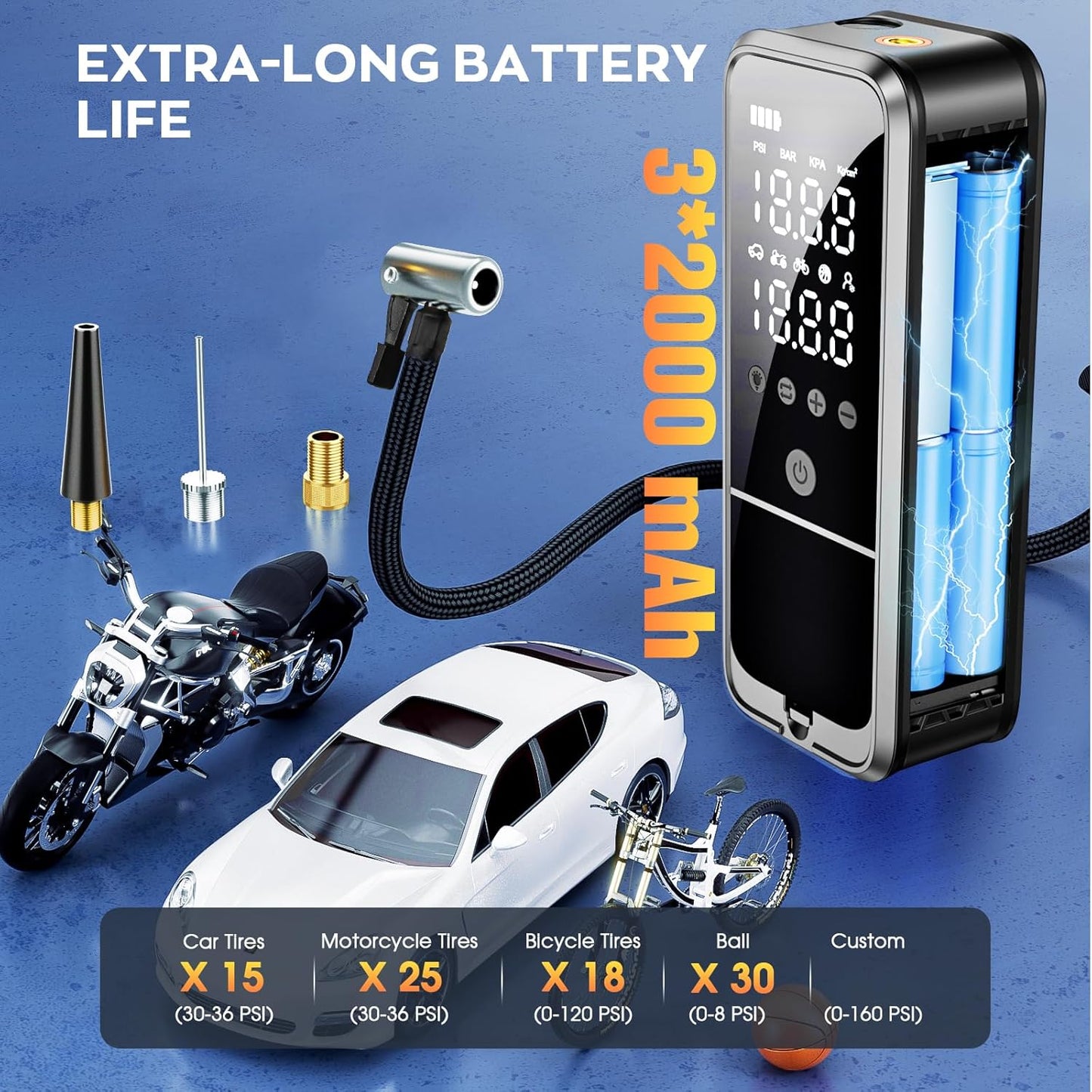 Inflador de neumáticos, portátil, con luz LED de emergencia (USADO).