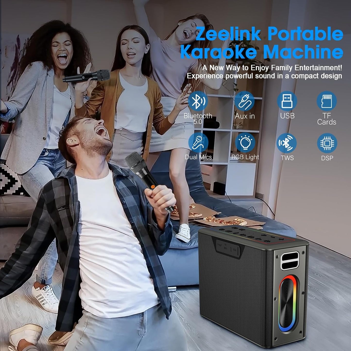 Máquina de karaoke con dos micrófonos inalámbricos, Zeelink.