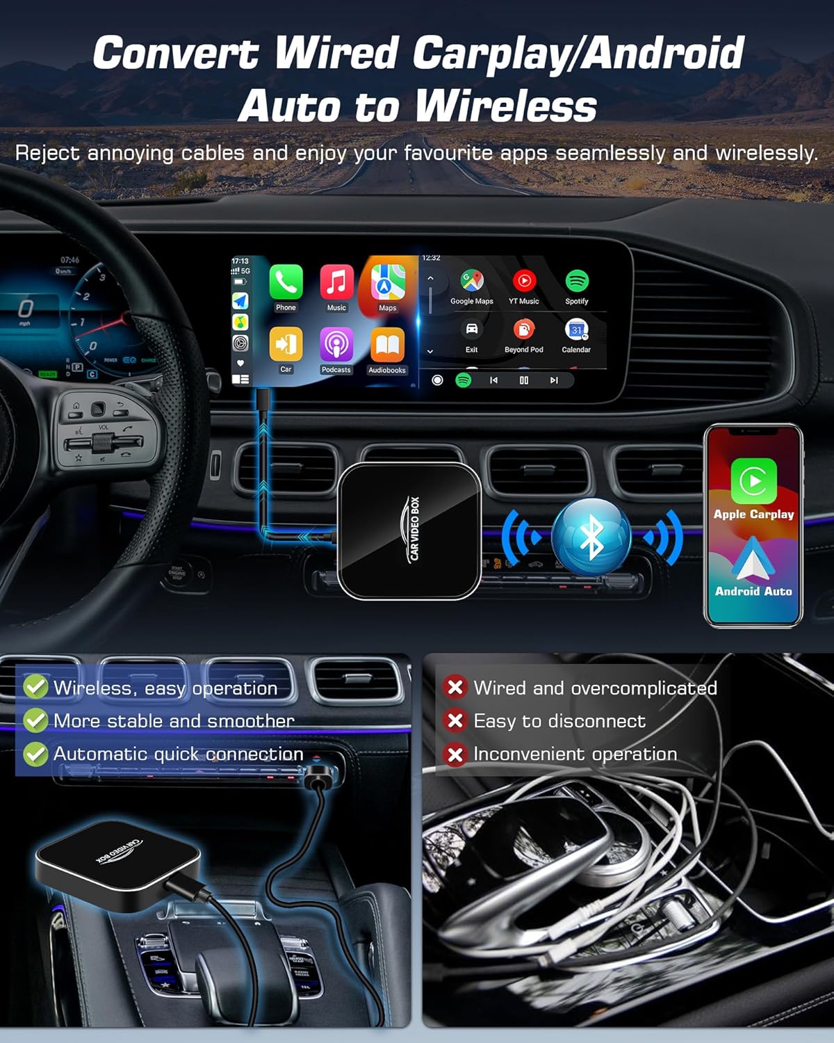 Adaptador Carplay Inalámbrico, 1080p Video Box.