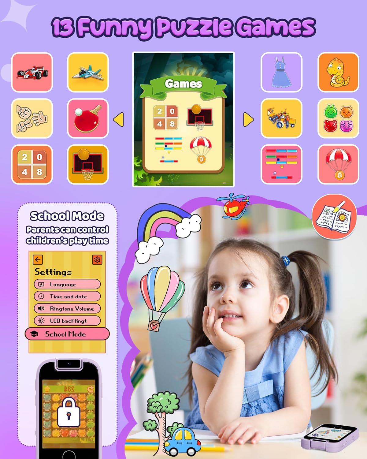 Teléfono para niñas cámara dual y juegos (USADO)