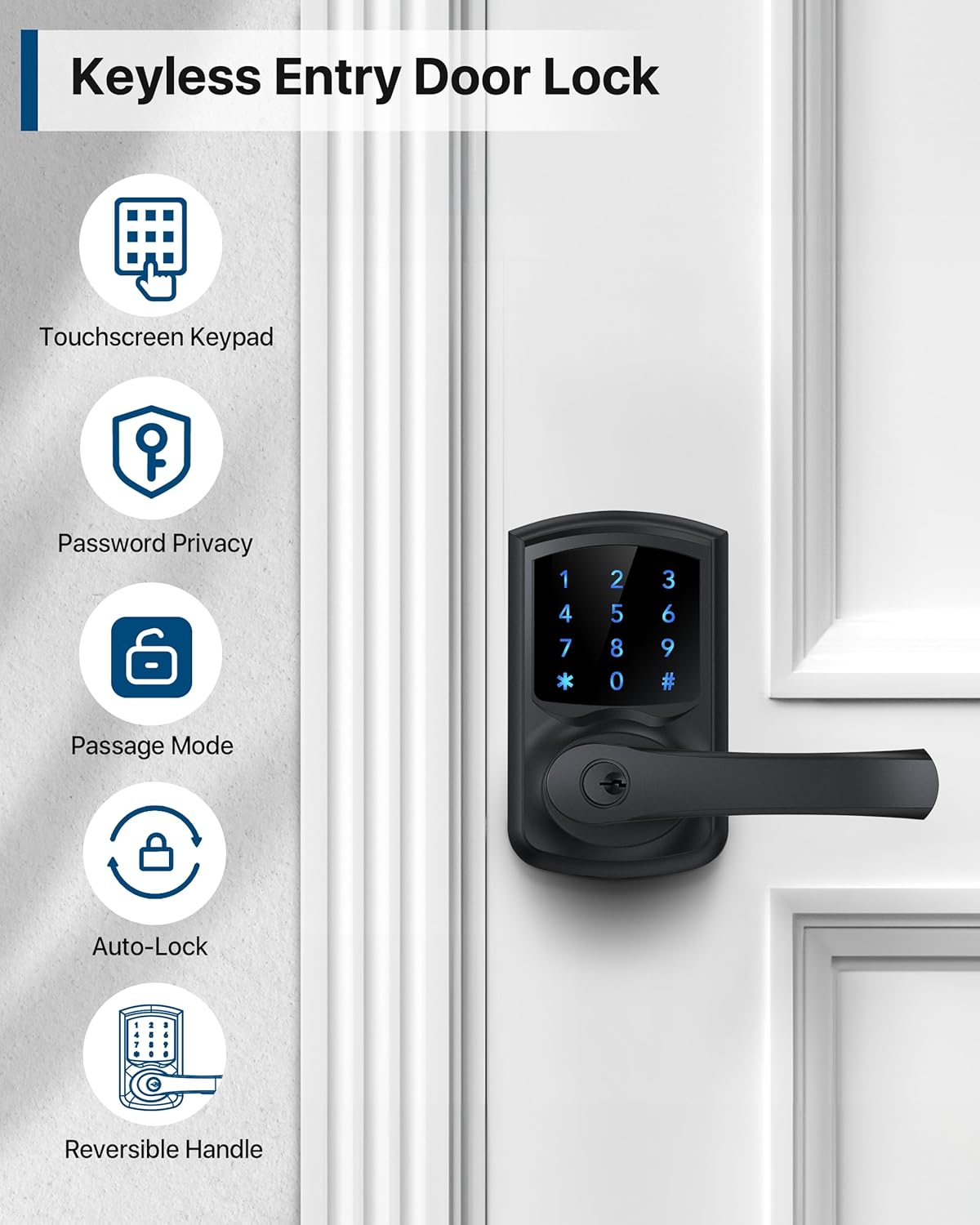 Cerradura de puerta inteligente, sin llave con teclado y asa visualización táctil.