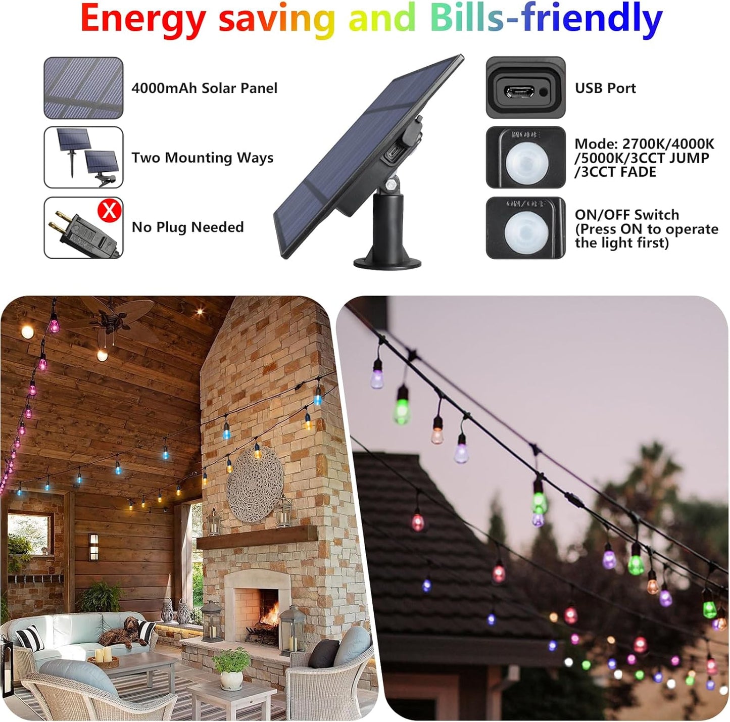 Cadena de luces solares RGB de 48FT, para exteriores, impermeable.