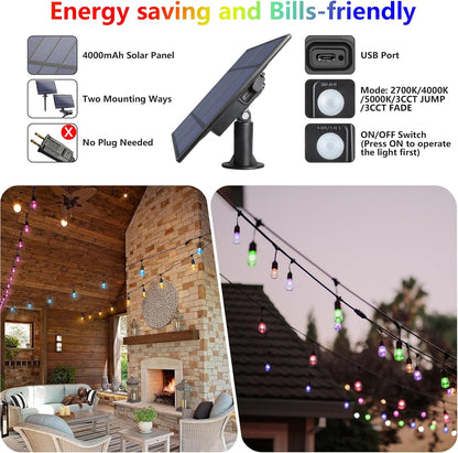 Cadena de luces solares RGB de 48FT, para exteriores, impermeable.