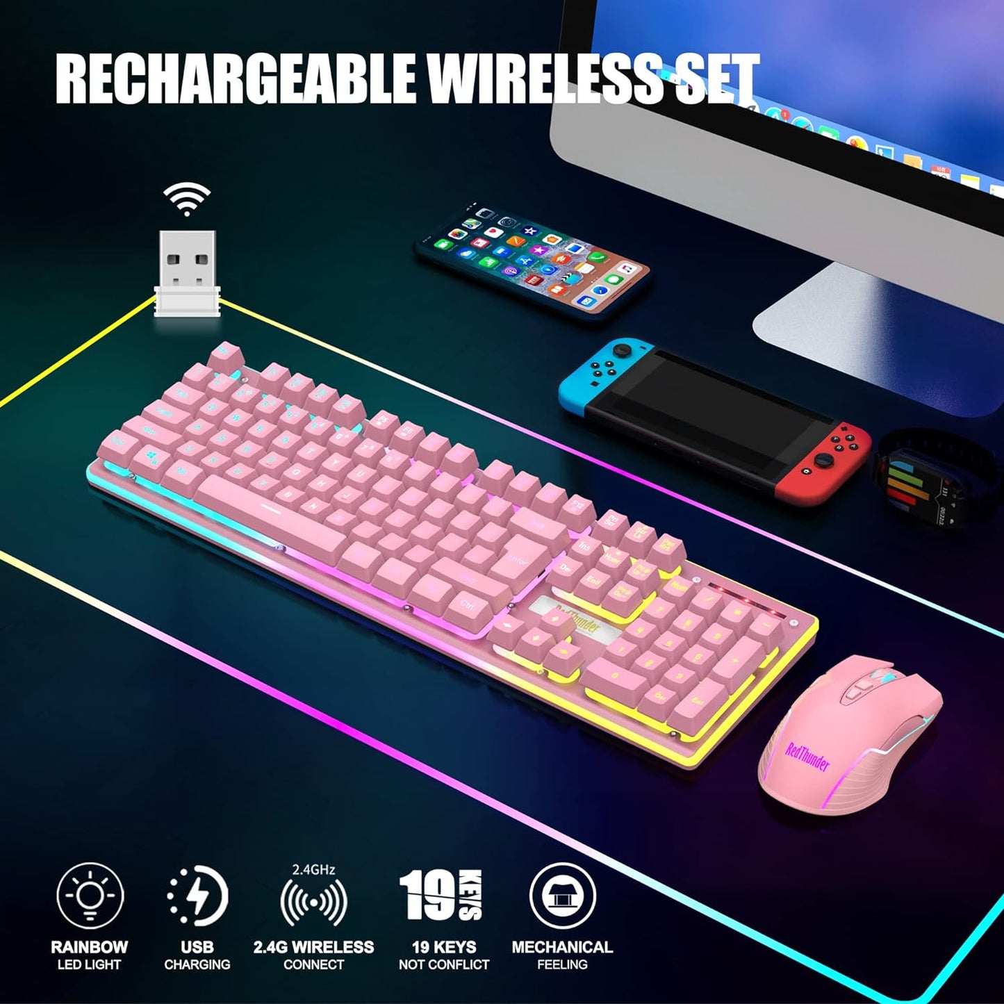 Combo de teclado, mouse inalámbricos p/juegos, Redthunder.