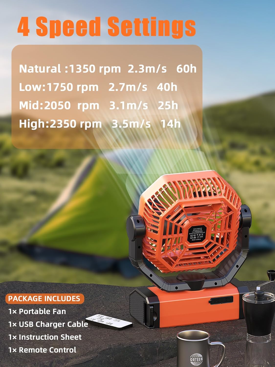 Ventilador alimentado por batería,ventilador recargable ORTEEN.