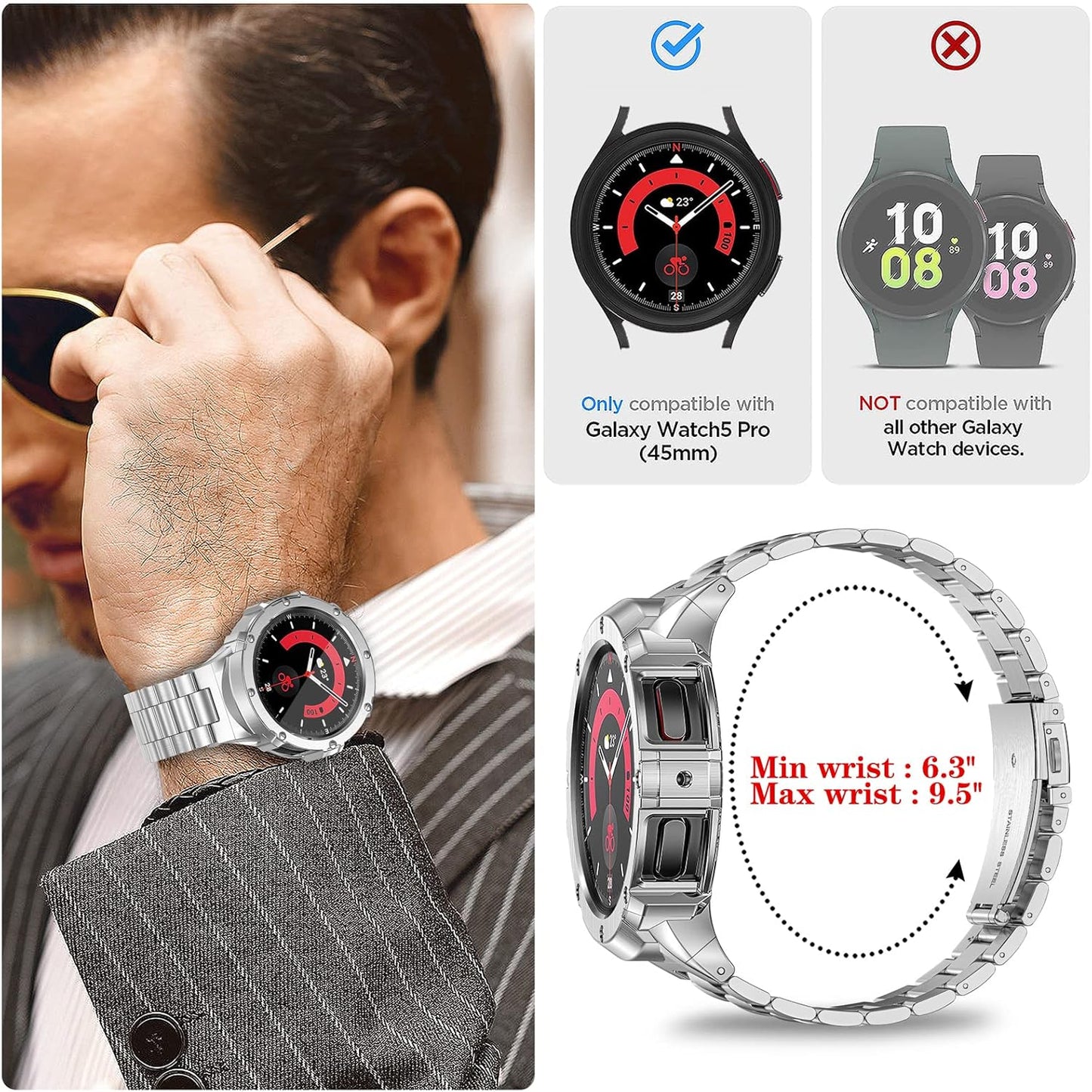 Funda y correas para reloj de acero inoxidable, ajustable, 44mm.