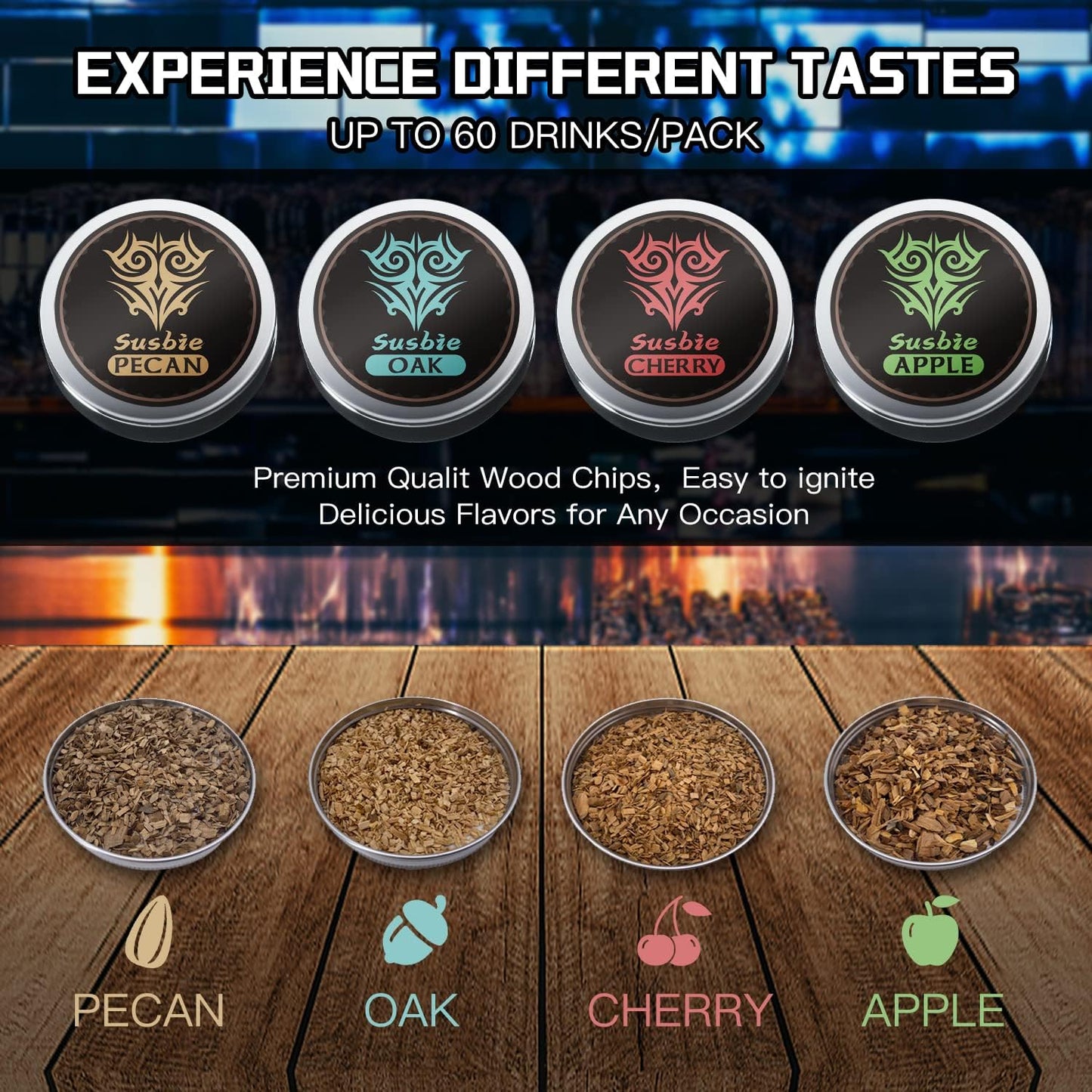 Kit de ahumador de cóctel con antorcha, Sin Butano, chips de madera de 4 sabores.